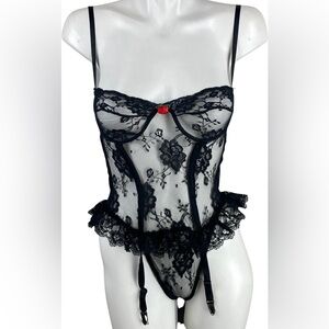 Vintage Shirley of Hollywood Lingerie Lace Teddy Corset Top Bra Bustier Black 38